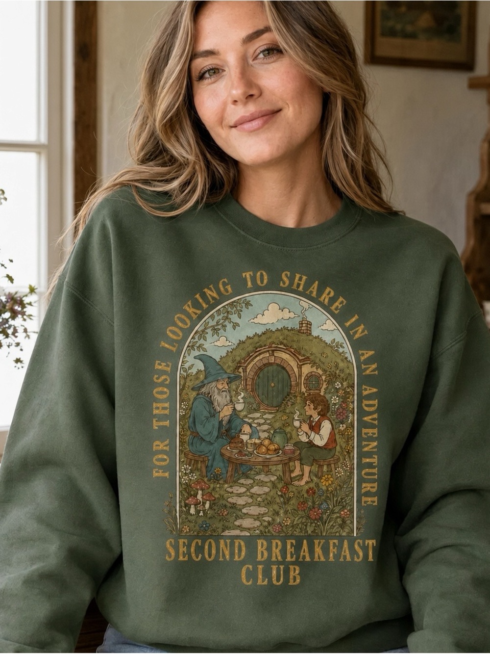 Second Breakfast Club Green Graphic Crewneck Sweater, Bookish Cottagecore Tee